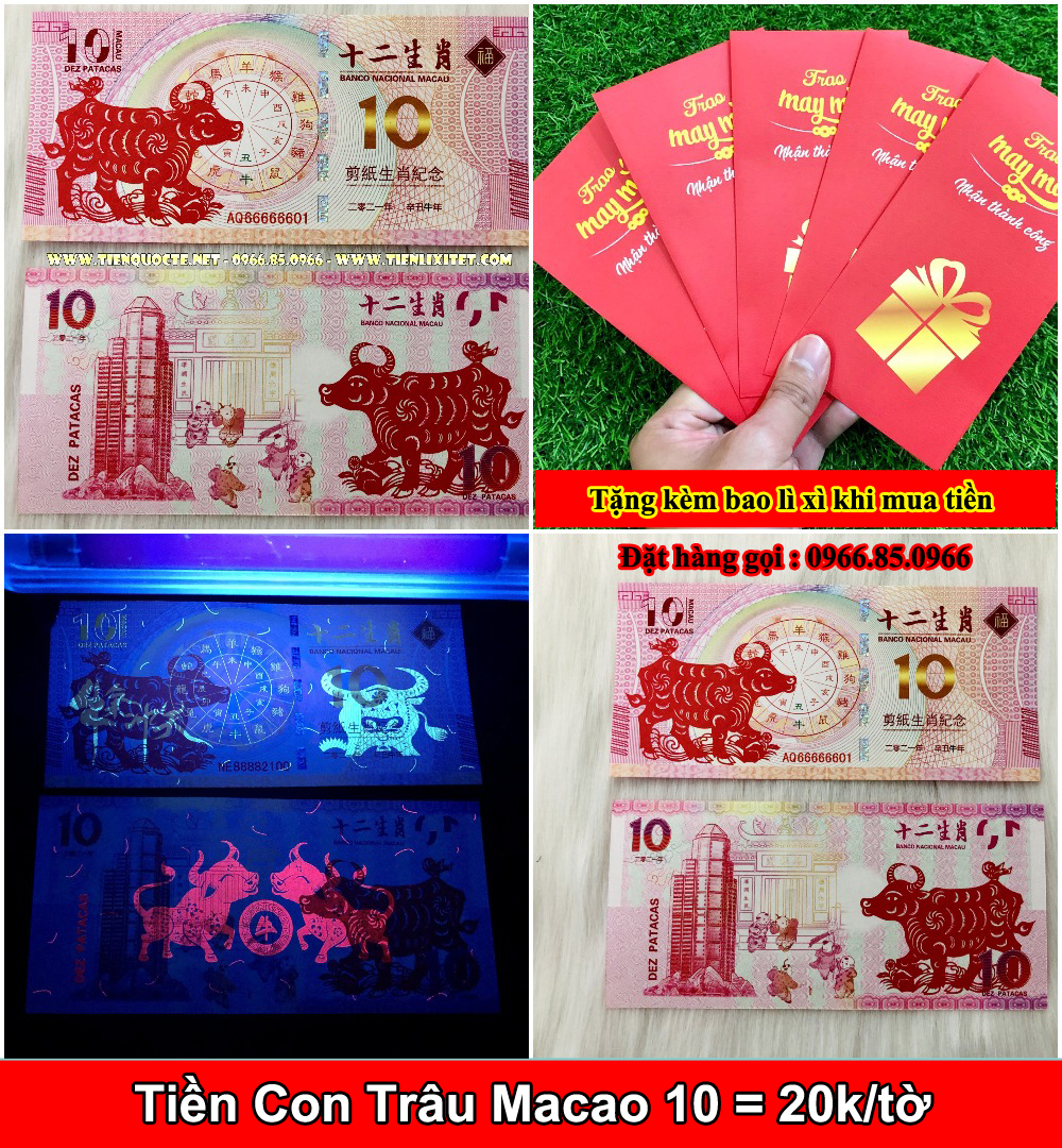 Tiền lì xì Tiền hình con trâu Macao 100 tết Tân Sửu - tặng kèm bao đỏ 2021