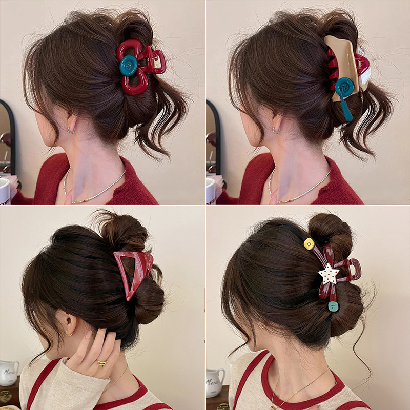 Kẹp tóc Ancola nút đỏ cho phụ nữ, kiểu mới, kẹp cá mập, cảm giác cao cấp, kẹp tóc thanh lịch, phụ kiện tóc, kẹp tóc