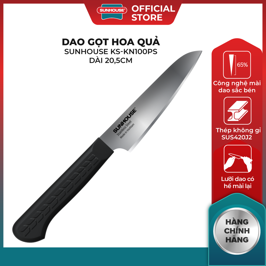 Dao Gọt Hoa Quả SUNHOUSE KS-KN100PS - Dài 20.5 cm - Công Nghệ Mài Dao Sắc Bén - Thép Không Gỉ SUS420J2 - Lưỡi Dao Có Thể Mài Lại - Hàng Chính Hãng