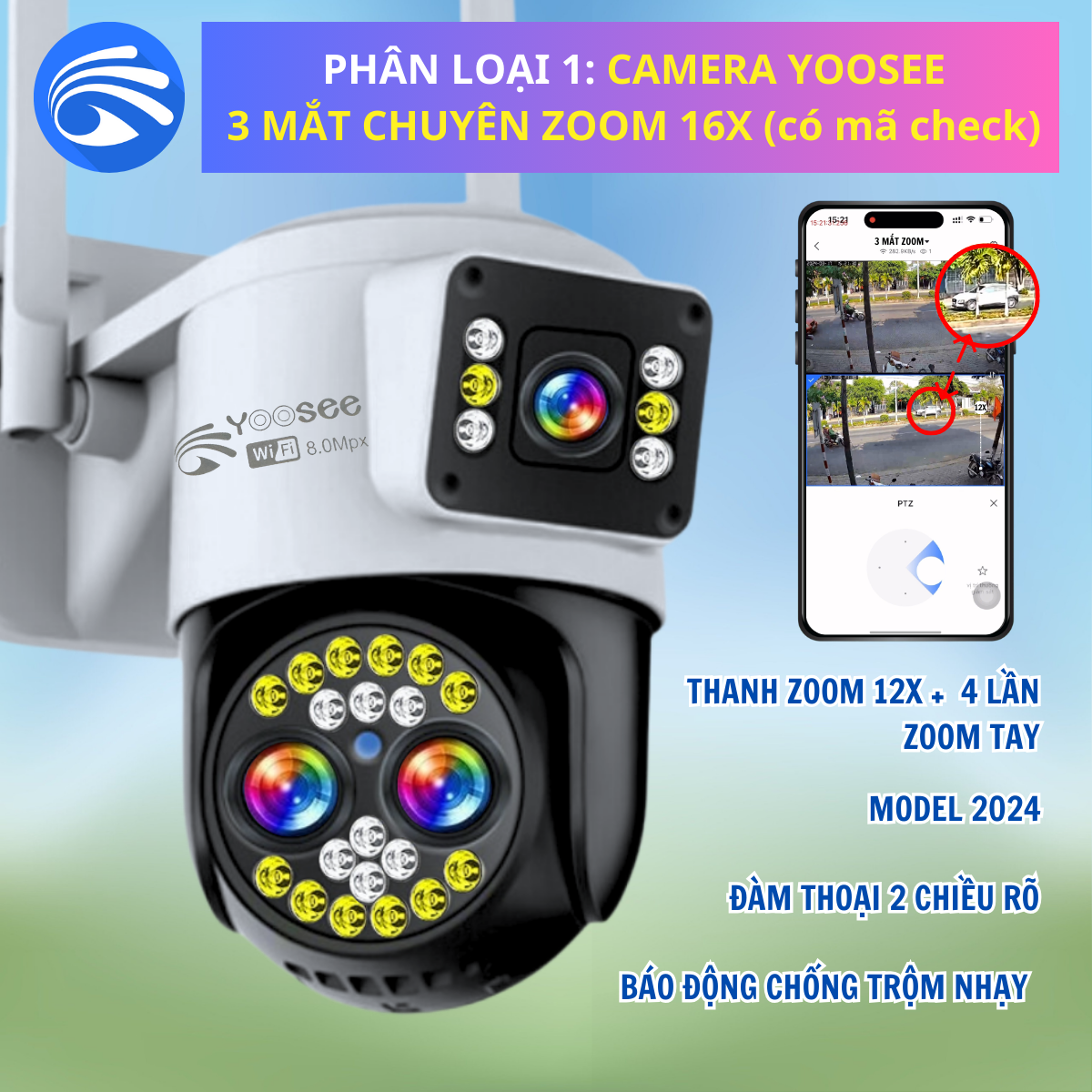 Camera Ngoài Trời YOOSEE 3 MẮT ZOOM 16X Model 2024 Combo kèm thẻ nhớ 128Gb 4K sắc nét báo động chống trộm nhạy