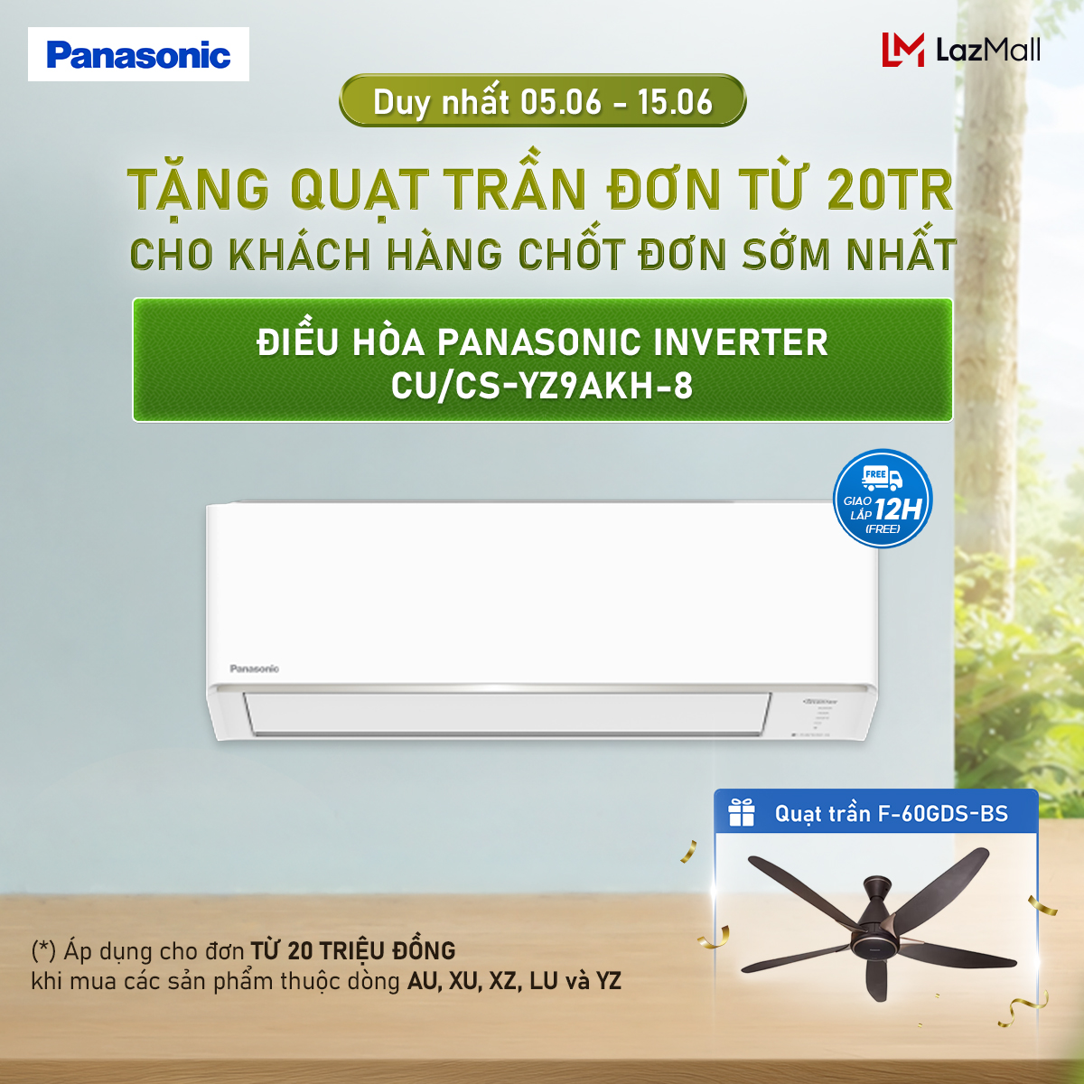 [CHỈ GIAO MIỀN BẮC] [Độc quyền Online]Điều hòa Panasonic Inverter CU/CS-YZ9AKH-8 - 1HP - Hai chiều - Eco AI - Lọc không khí bụi mịn tới 99%