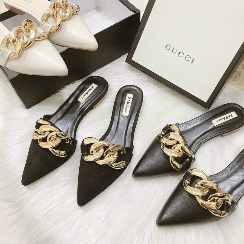 Sục Mũi Nhọn Đế Bệt Khuy Xích Xoắn To Da Lì