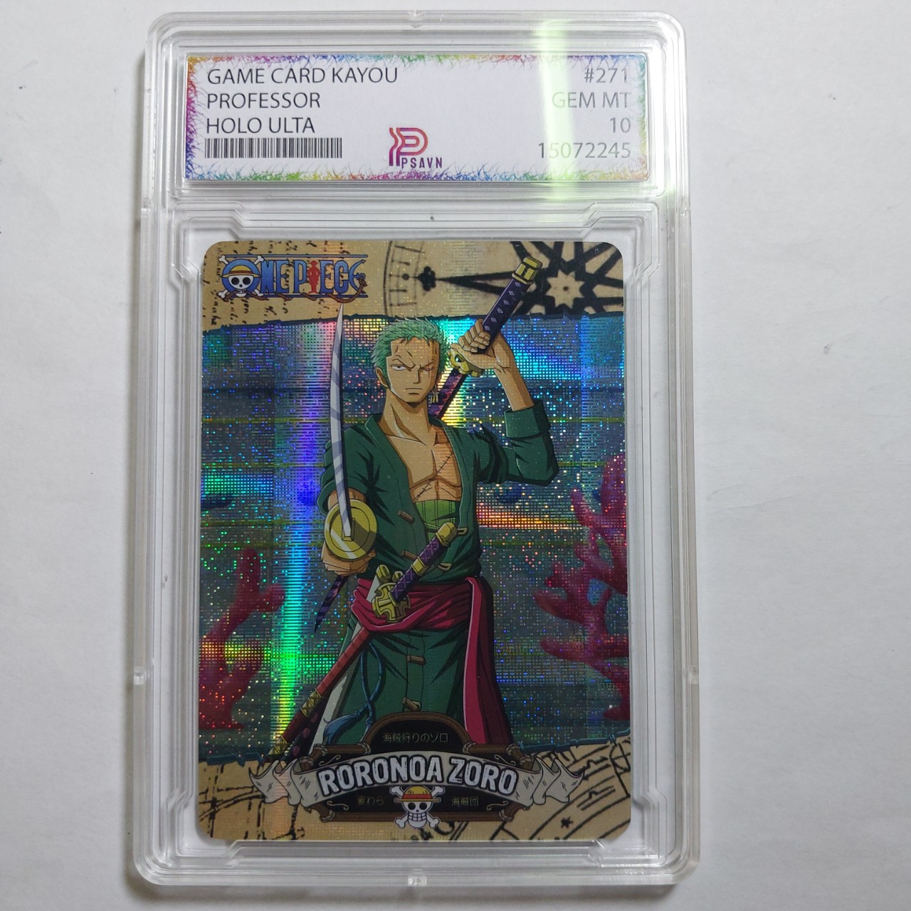 Thẻ One Piece Khung PSAVN lá RORONOA ZORO kiem khach toc xanh la Seret holofoil 1459 NF27 1-22