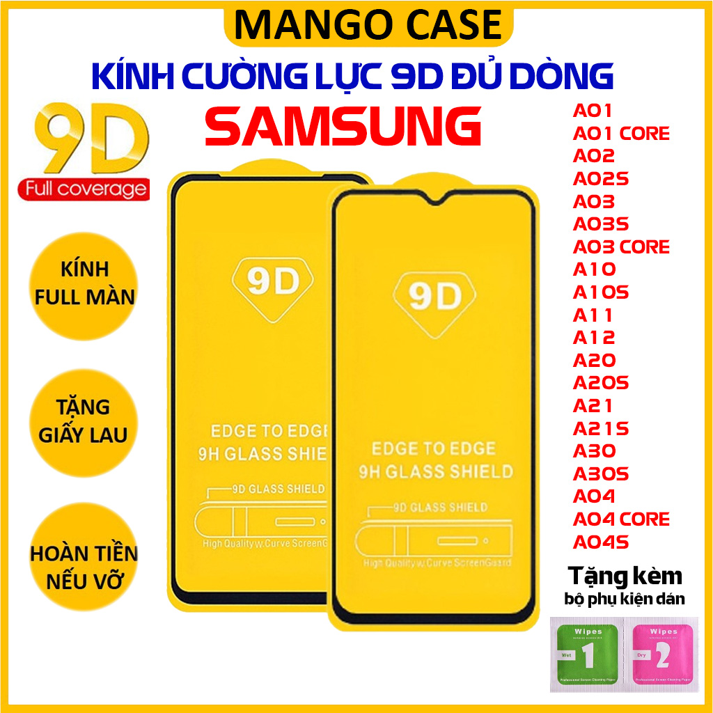 Kính cường lực 9D Samsung Full Màn hình A01 A02 A02s A03 A03s A10 A10s A11 A12 A20 A20s A21 A21s A30 A30s A04 A04s Core cao cấp - Độ cứng 9H - Vát cạnh tràn viền - Tặng kèm bộ giấy lau Màn hình