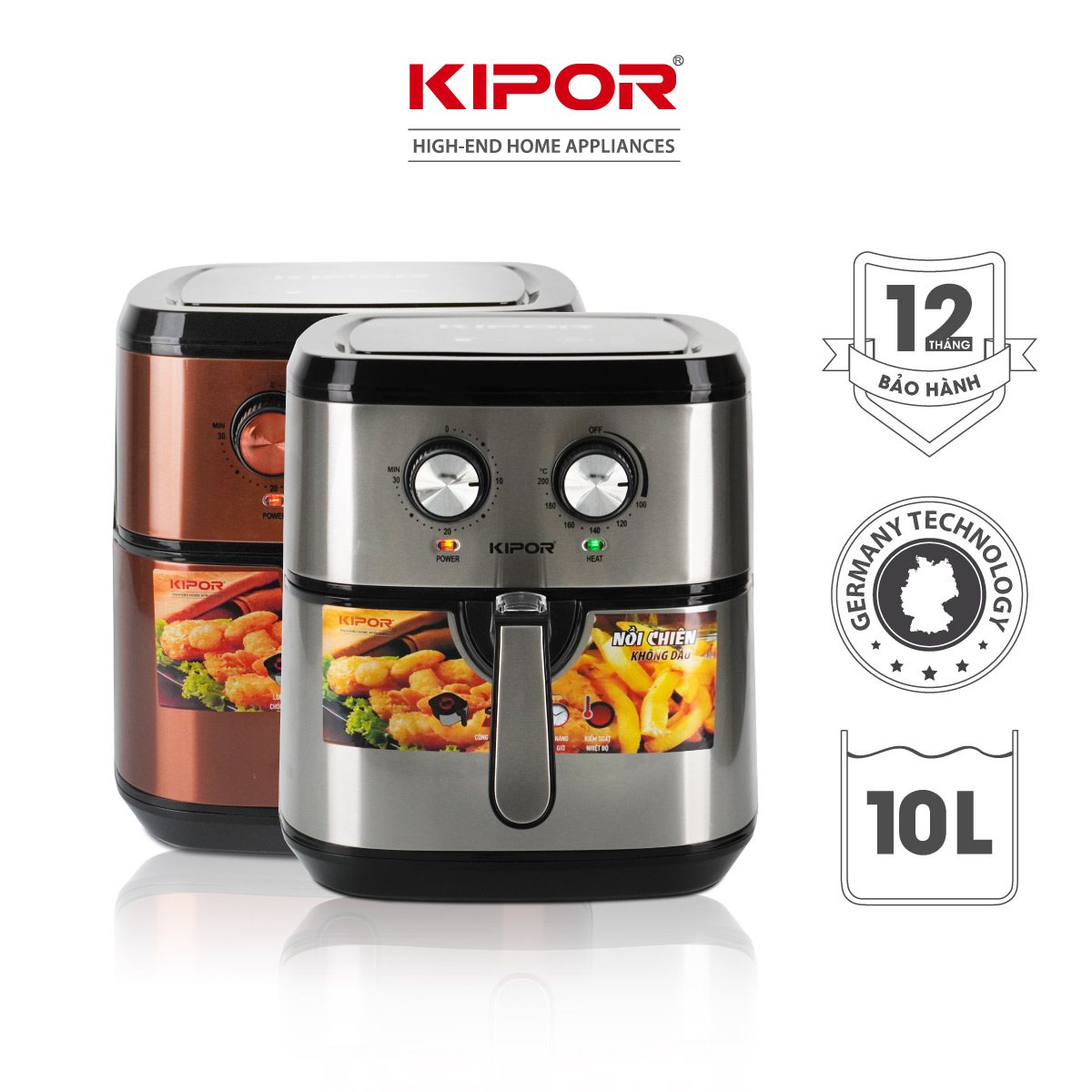 Nồi chiên không dầu KIPOR KP-AF310 - Dung tích 10L - Điều khiển cơ, Lò nướng mini nướng đối lưu, NCKD làm bánh, quay gà nguyên con - Bảo hành tại nhà 12 tháng