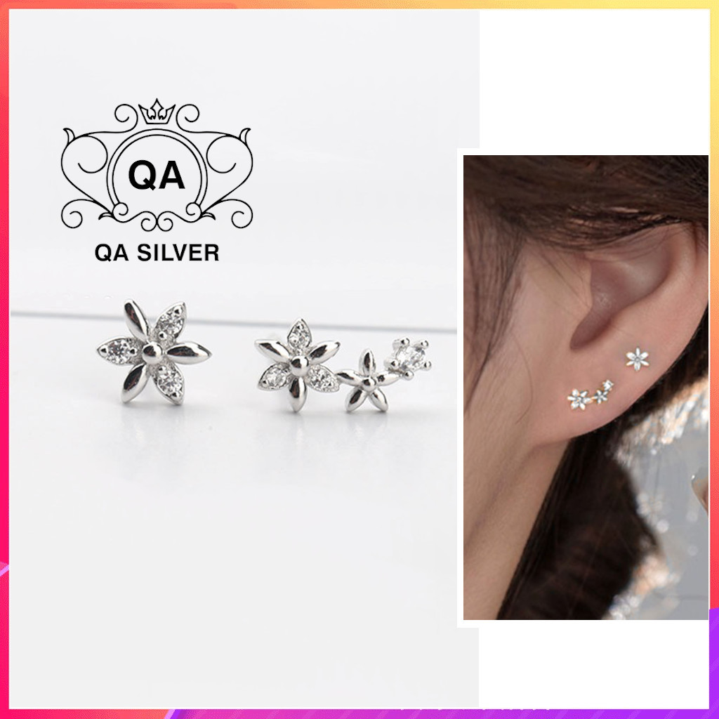 Khuyên tai bạc 925 hoa đính đá bông tai bạc bất đối xứng s925 flora qa silver earrings ea230503