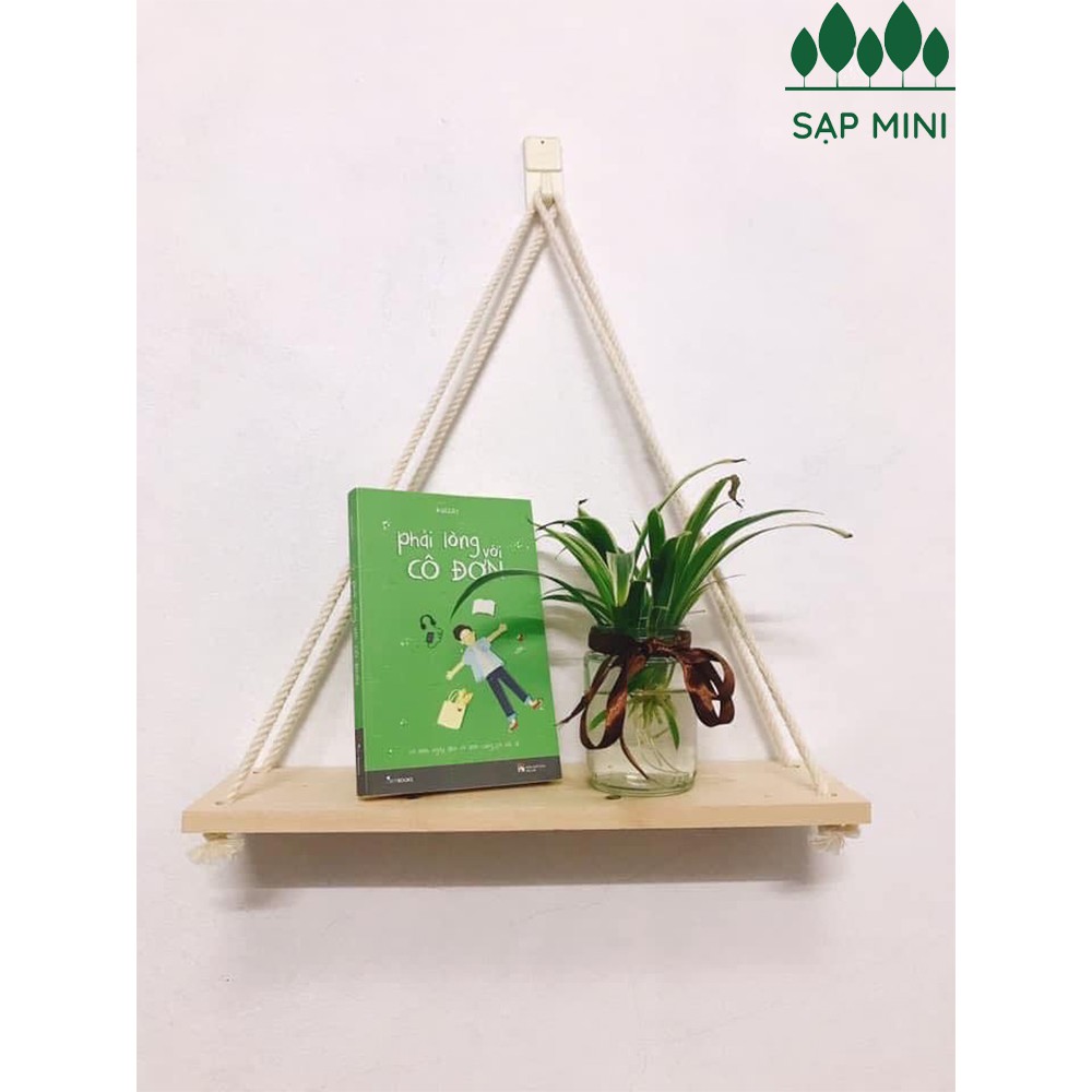 Kệ gỗ treo dây thừng Decor 30x10 cm, 1 tầng, gỗ quế nguyên tấm, tặng kèm móc treo