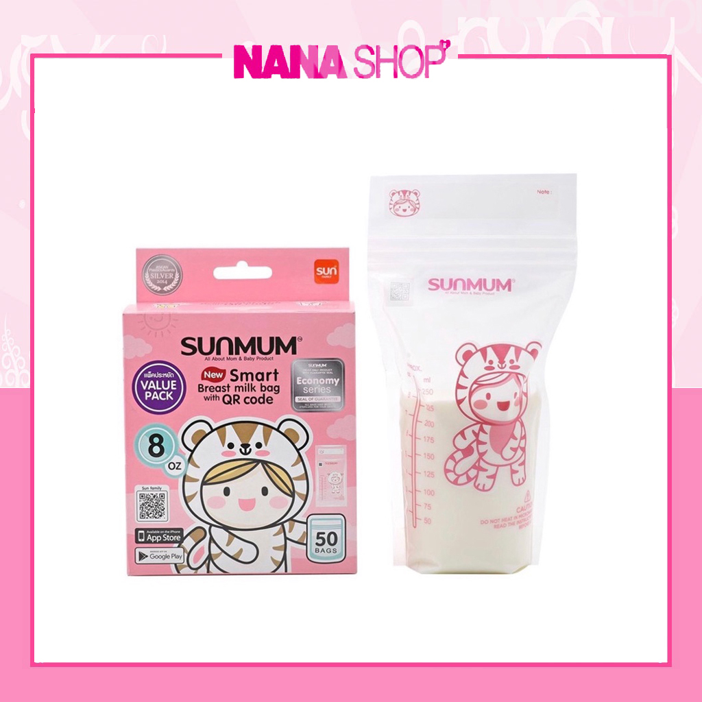 Túi trữ sữa Sunmum Thái Lan loại hộp 50 túi 250ml có đầy đủ kiểm định Y Tế, nguyên Seal bạc chính hãng Thái Lan