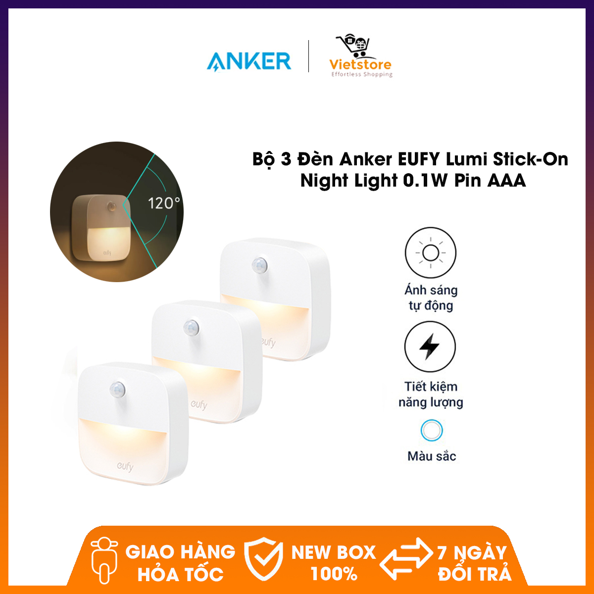 Bộ 3 đèn Anker EUFY Lumi Stick-On Night Light công suất 0.1W dùng pin AAA