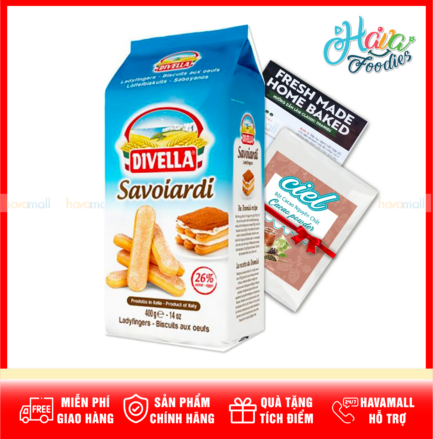 [KÈM HƯỚNG DẪN - TẶNG BỘT CACAO] Bánh quy Lady Finger Savoiardi Divella 400g