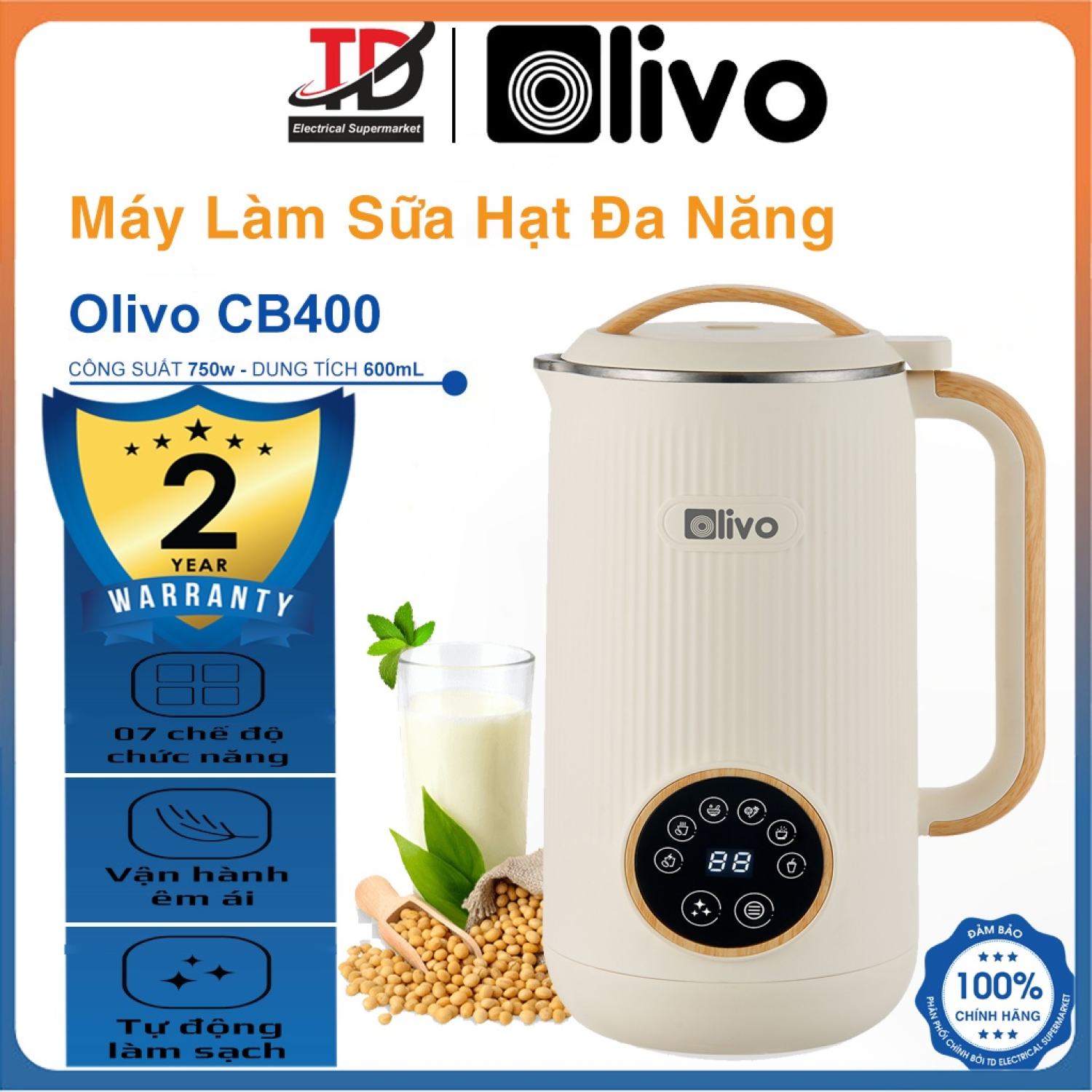 Máy Làm Sữa Hạt Đa Năng Olivo Cb400, 750W-600ml, Vận Hành Êm Ái