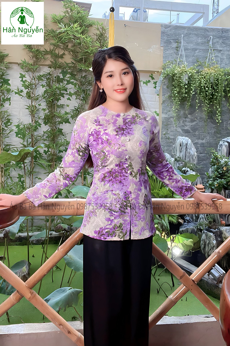 B.A81 - Bộ Bà Ba Hoa Bằng Lăng Tay Dài Cổ Tròn Dây Kéo