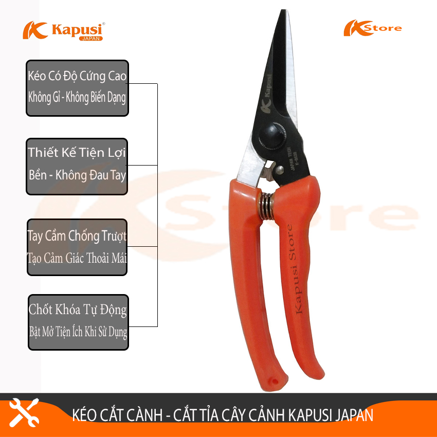Kéo Cắt Cành Nhật Bản Kapusi Japan K-8638 Lưỡi Thẳng Chiều Dài Kéo 200mm, Kéo Cắt Tỉa Cành Cây Siêu Bền Chuyên Dụng