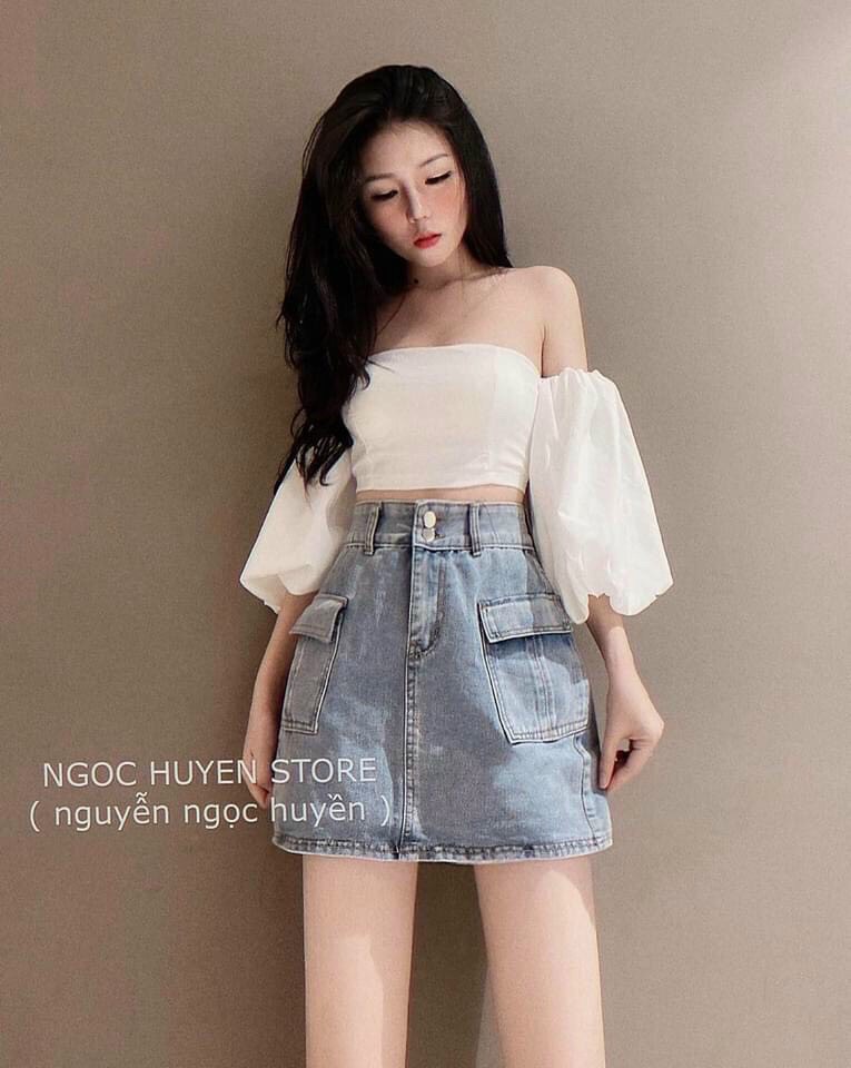 [HCM]CHÂN VÁY JEAN NỮ MÀU XANH NHẠT PHỐI TÚI TRƯỚC SIÊU XINH CHẤT VẢI DẦY DẶN ĐƯỜNG MAY TỈ MỈ XINHSHOP94 MS010