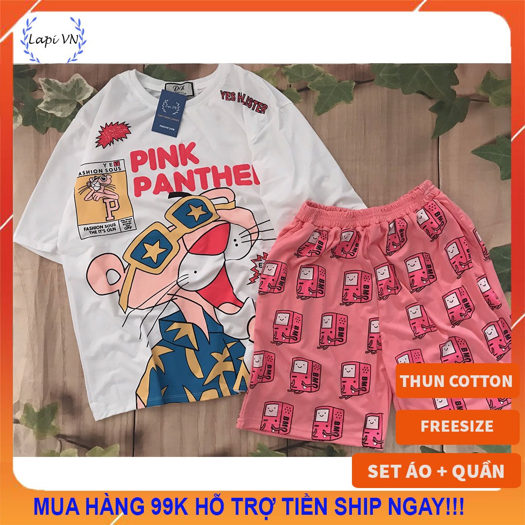 [HCM]Set Đồ Bộ In Hình Chú Báo Hồng- the pink panther cartoon 3D Cute DB45-Lapi VN Áo+ Quần Đùi Vải Thun Cotton Thoáng Mát