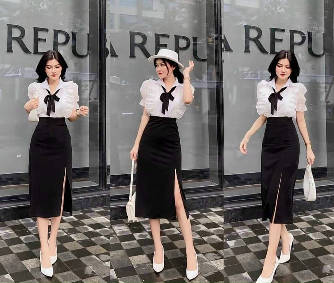 Áo kiểu bèo dễ thương kèm chân váy xẻ set váy áo nữ