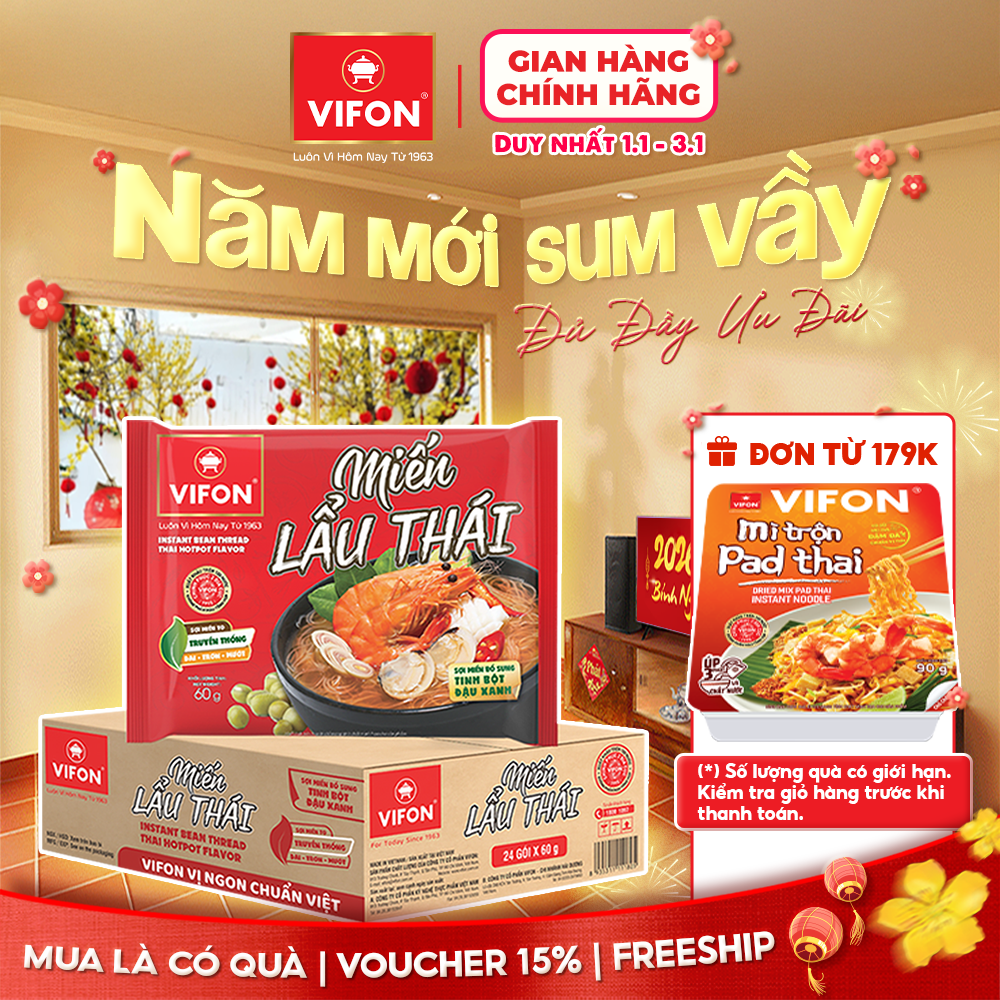VOUCHER 15% Thùng 24 gói Miến Lẩu Thái Măng Vịt Sườn Heo VIFON 60g Gói