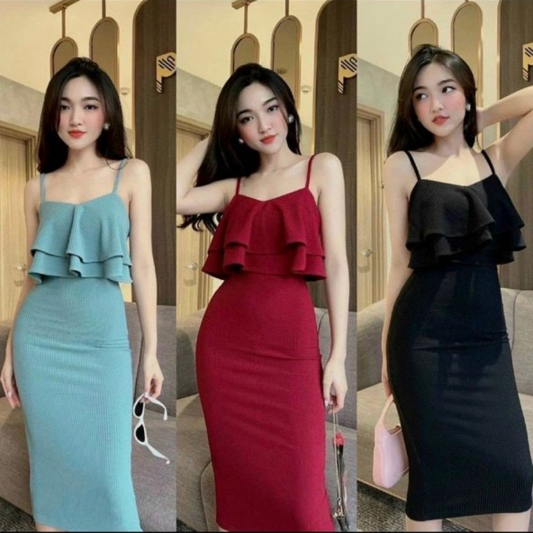 Đầm 2 dây tầng bèo ngực dáng ôm nhẹ chất thun gân