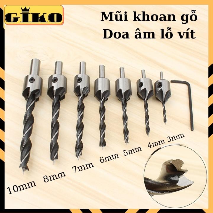 Bộ 7 mũi khoan gỗ doa âm lỗ vít, có định tâm 3-10mm hss4241, mũi khoan gỗ 2 tầng