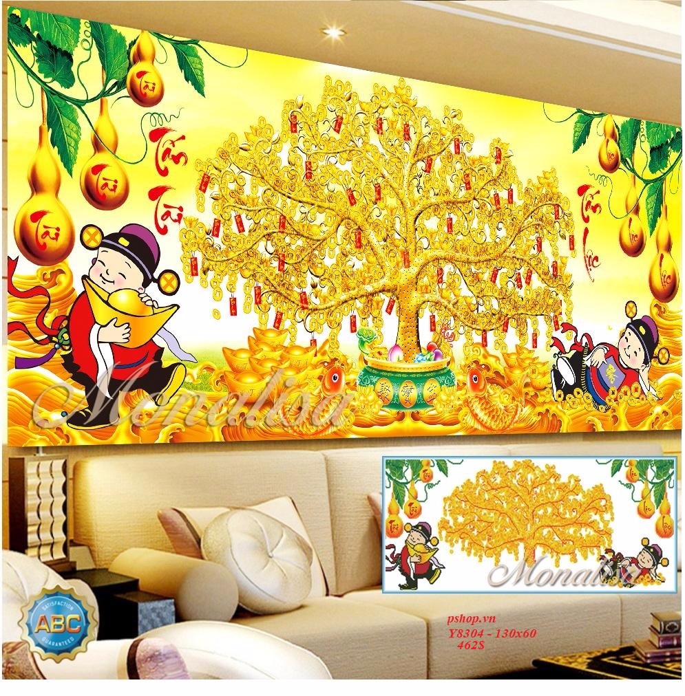 (chưa thêu) Tranh thêu Cây tiền tấn tài tấn lộc có hai thần tài nhỏ đáng yêu 130x65