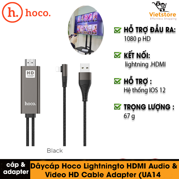 Dây cáp Hoco Lightning to HDMI Audio & Video HD Cable Adapter bọc thép, vỏ bằng hợp kim nhôm siêu bền, hỗ trợ đầu ra 1080P HD, đồng bộ hóa màn hình