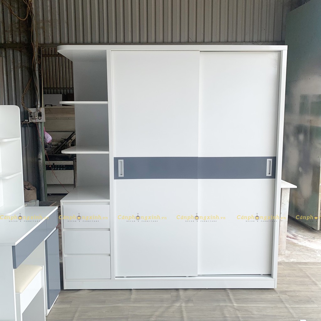 Tủ Áo, Tủ Đựng Đồ Gỗ MDF Cửa Lùa Có Kệ CPX-T27 Màu Trắng Phối Xám Siêu Xinh Phong Cách Hiện Đại