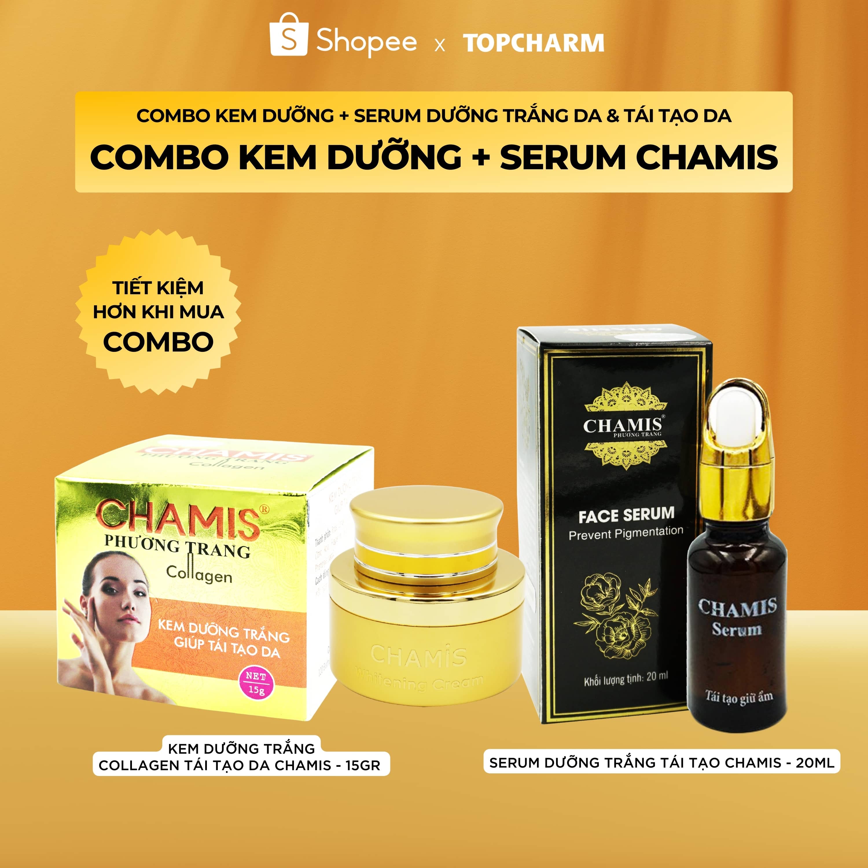 Combo kem dưỡng trắng da collagen và Serum tái tạo da CHAMIS