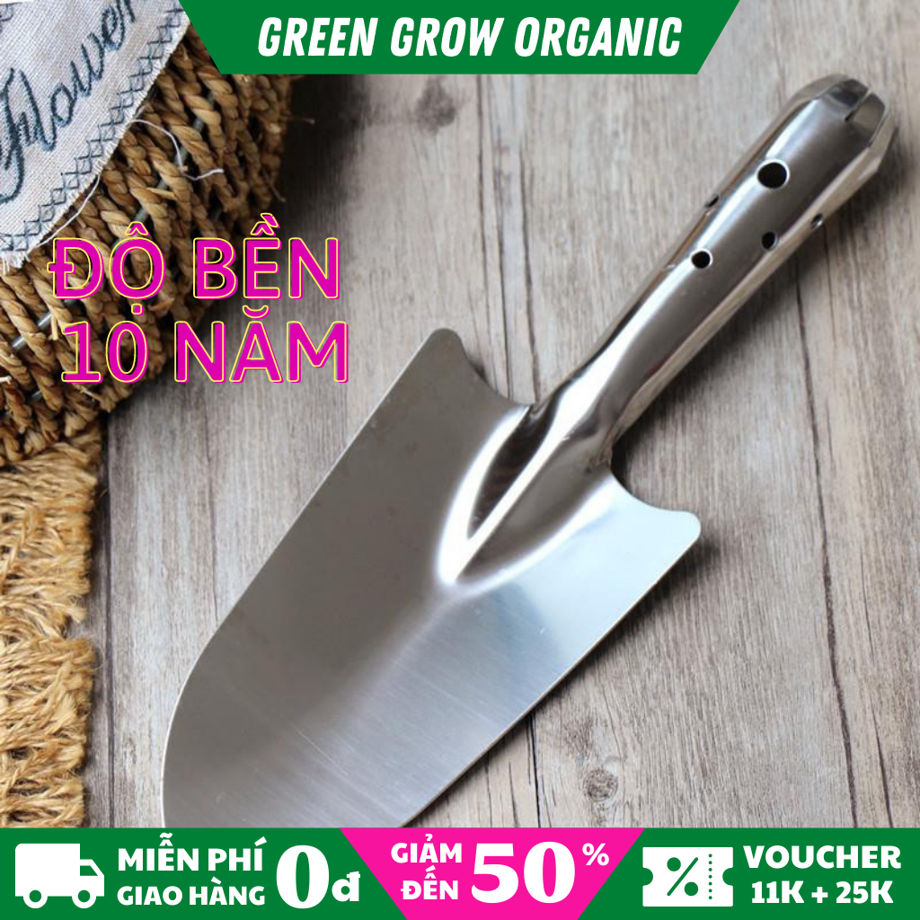 Xẻng inox làm vườn trồng cây Green Grow Organic siêu dầy cứng chắc độ bền trên 10 năm dung cụ làm vườn đẳng cấp MS147