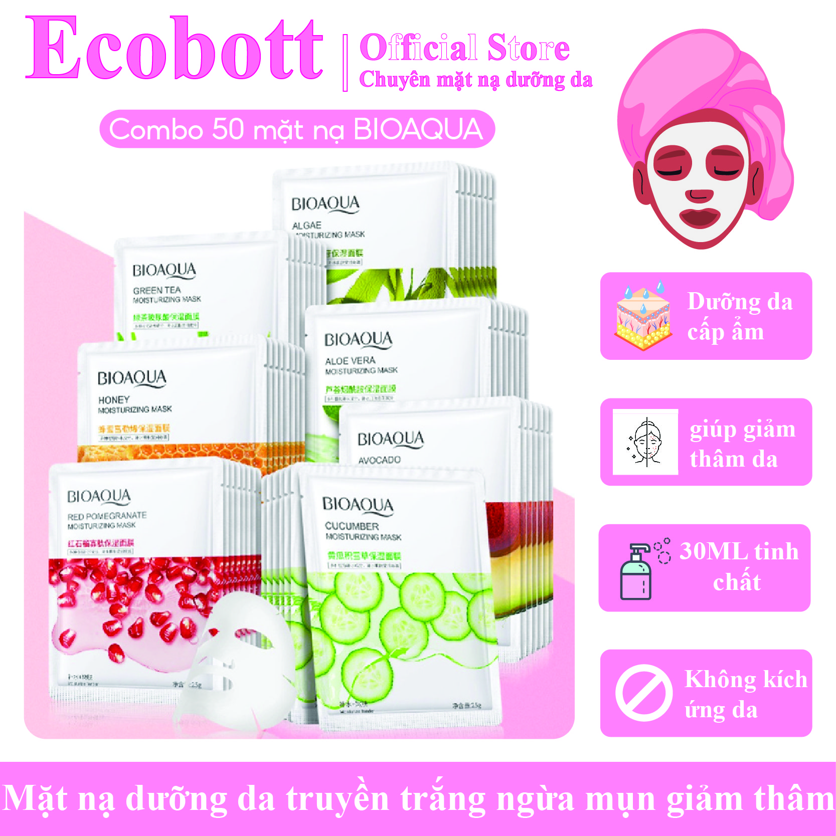 Combo 50 mặt nạ Bioaqua hương trái cây dưỡng da cấp ẩm căng bóng bổ xung vitamin cho làn da Ecobott