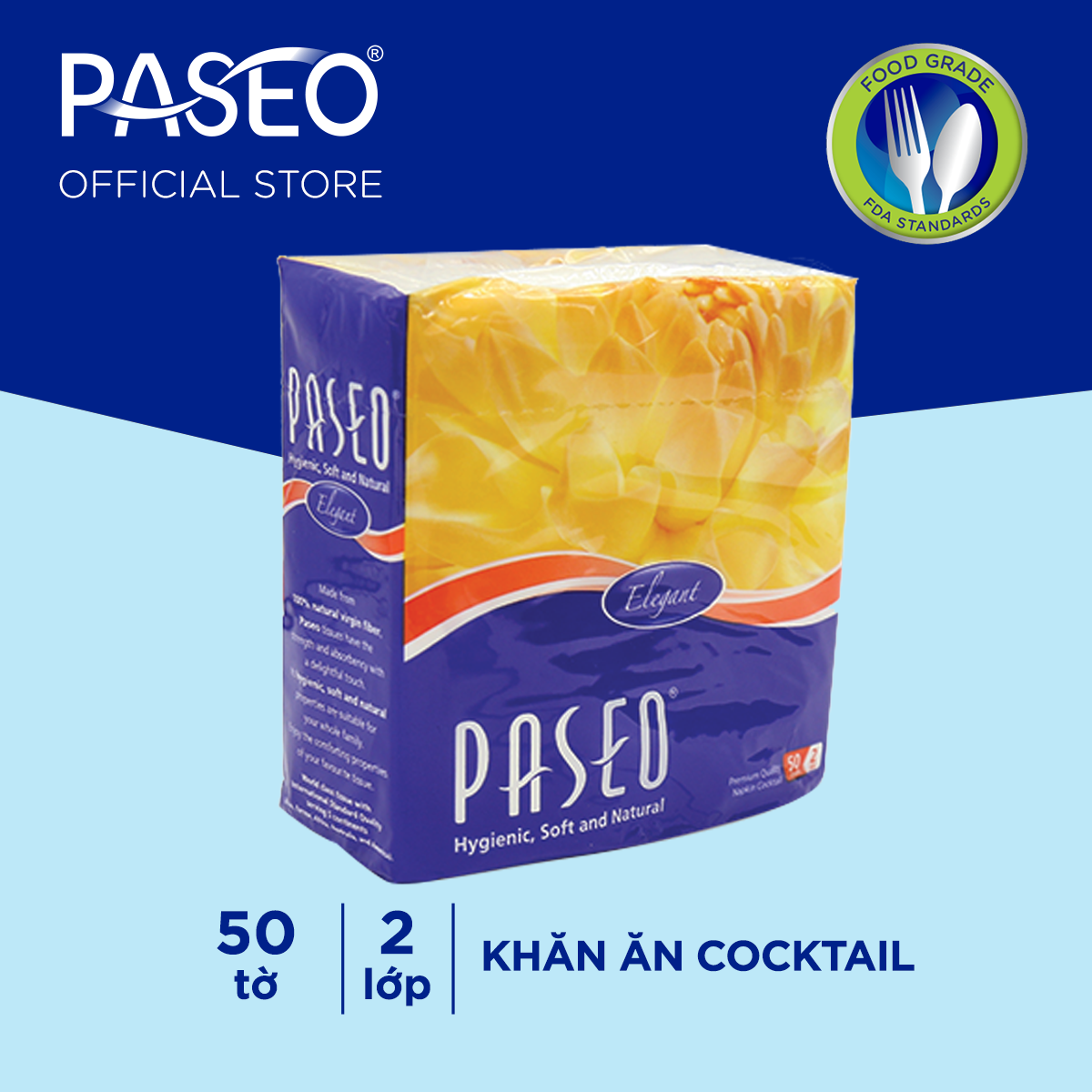 Khăn giấy ăn cao cấp Paseo Cocktail không chất tẩy trắng (50 tờ 2 lớp)/gói