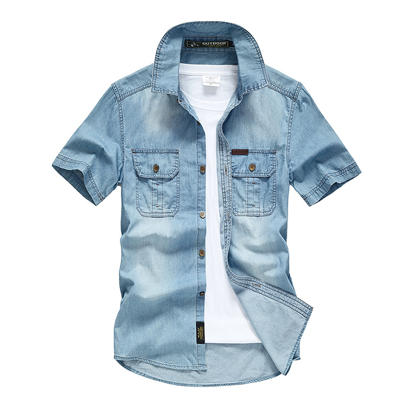 Áo sơ mi ngắn tay denim cotton mùa hè cho nam Áo denim ngoại cỡ có ve áo