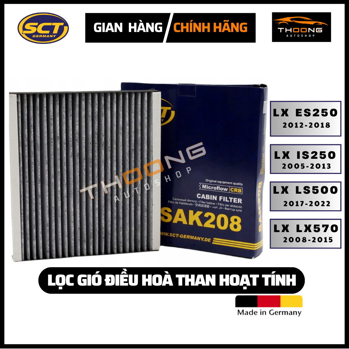 Lọc gió điều hòa Lexus ES 350 2012-2018, GS 460 2010-2023, LX 570 2008-2023, LS 500 2017-2023 than hoạt tính nhập nhẩu Đức mã SAK 208