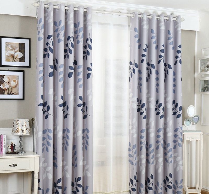 Rèm cửa chống nắng,rèm khoen lỗ treo tường trang trí decor phòng-Lá xanh nền xám