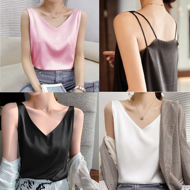 Áo hai dây nữ lụa satin hàn quốc cao cấp áo mặc trong vest cổ tim dễ thương áo 2 dây lụa nữ phong cách hàn quốc sang trọng- new design ao0002
