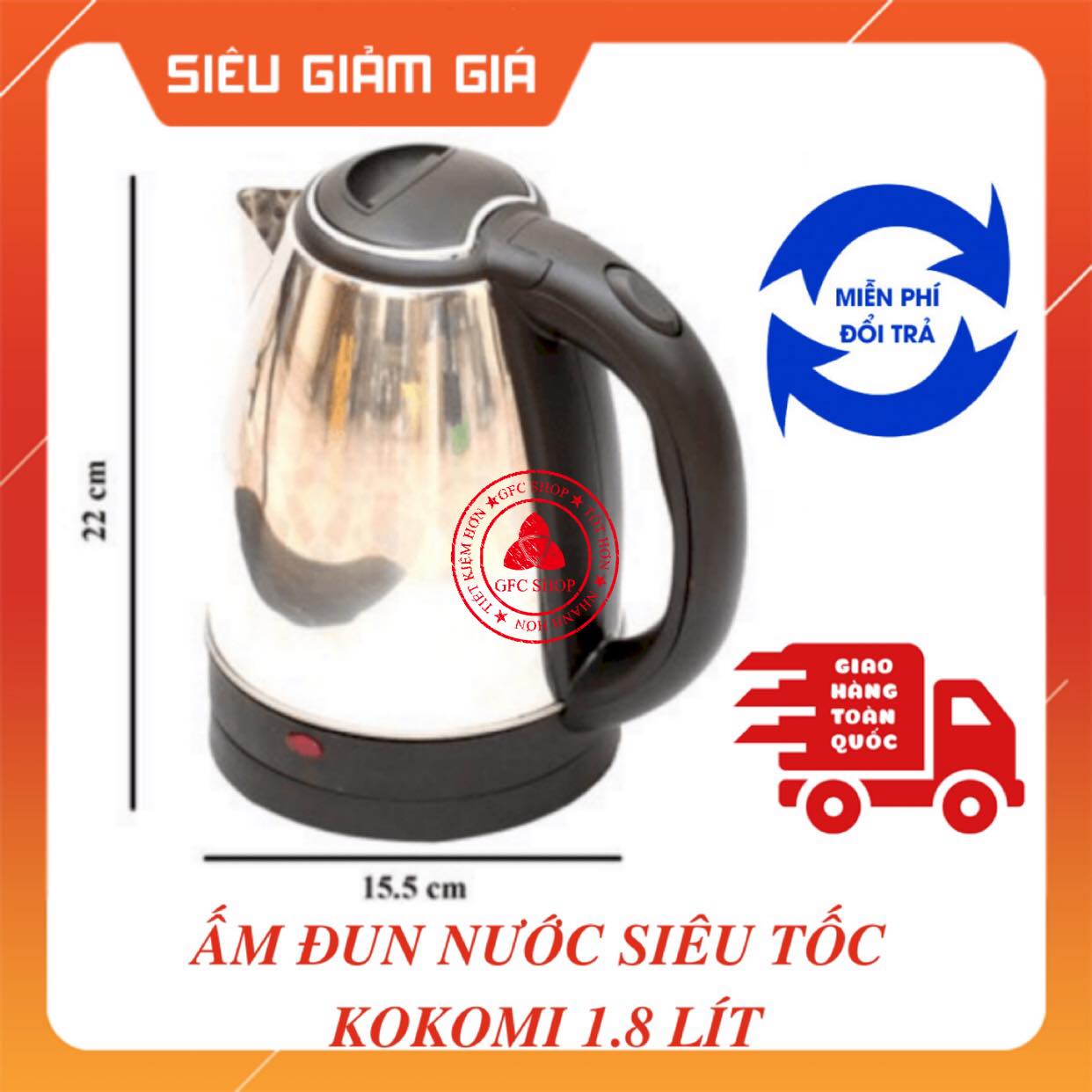 Ấm đun nước siêu tốc Kokomi 1.8 lít Hàng chính hãng