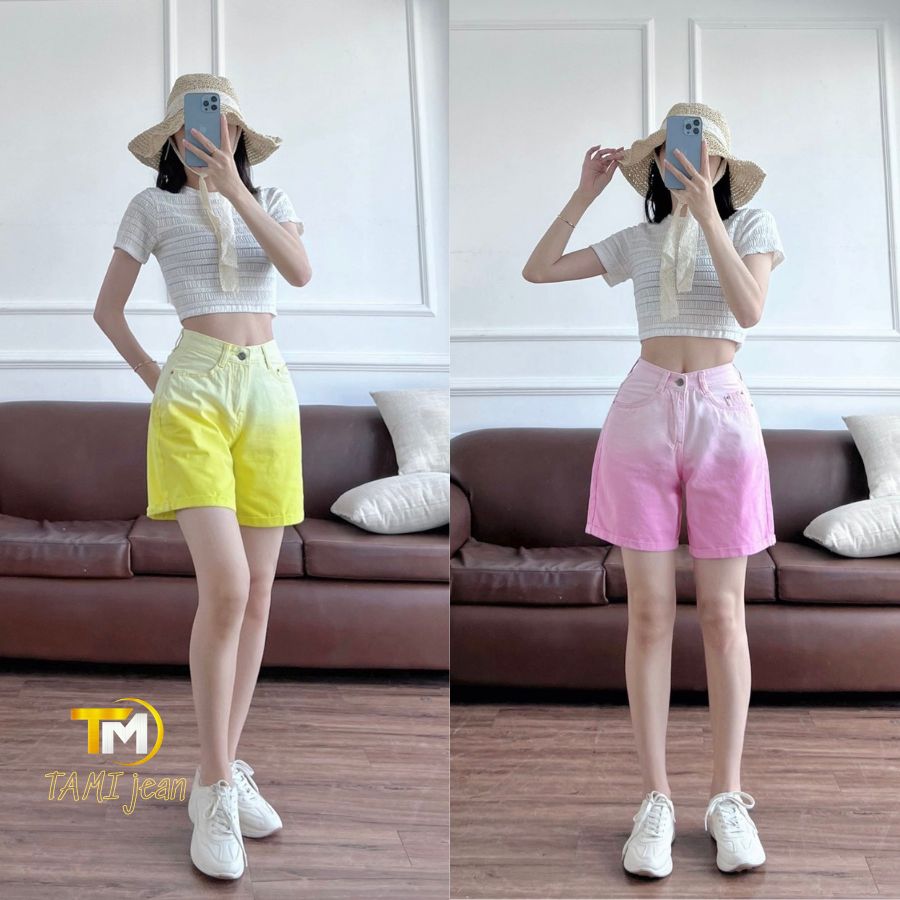 Quần short kaki wash, quần đùi kaki nữ lưng cao phối màu