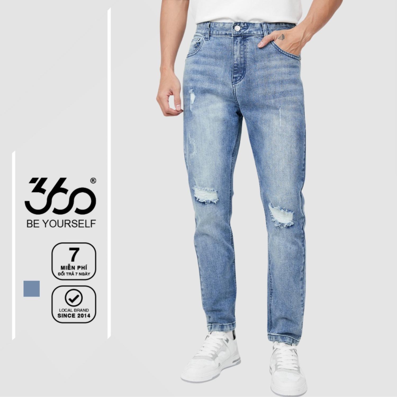 Quần jean nam rách màu xanh denim thương hiệu 360 Boutique form slimfit trẻ trυng - QJDTK413