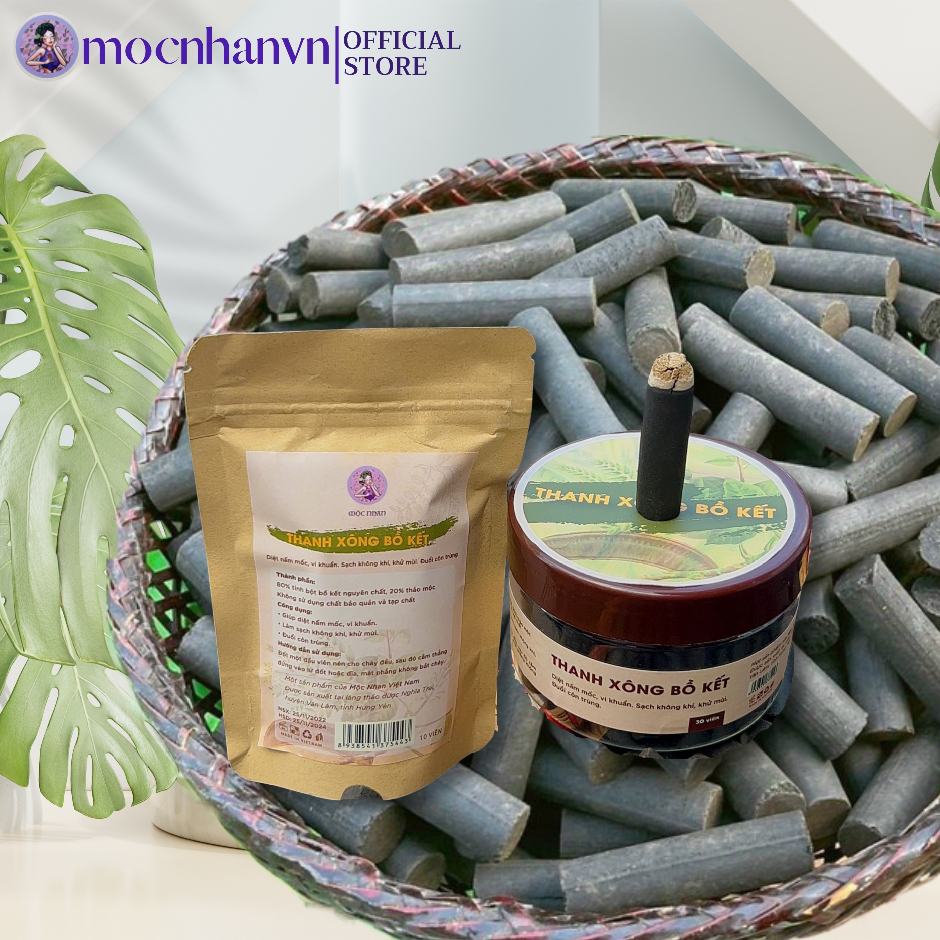 Thanh xông bồ kết Mộc Nhan, viên nén bồ kết xông nhà đuổi muỗi kháng khuẩn thanh lọc không khí - MOCNHANVN