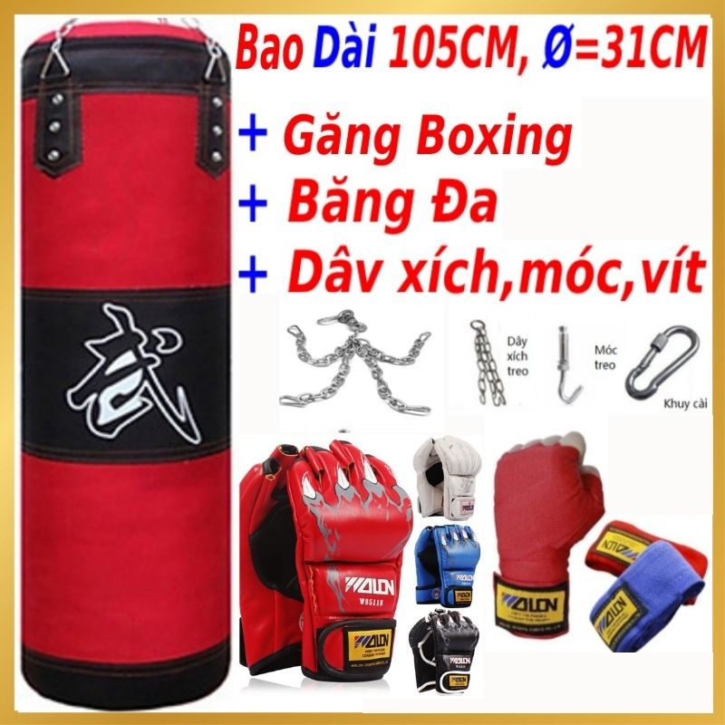 [ Tặng găng tay boxing ] Vỏ bao cát, bao cát boxing, bao cát đấm bốc 3 lớp cao cấp  HUYKI HK1, Dài 100 cm, Rộng 30 cm Bảo Hành 6 tháng, tặng: găng tay boxing, móc, xích, khóa, băng đeo bảo vệ cổ tay, găng tay vải lót, tất vải lót chân