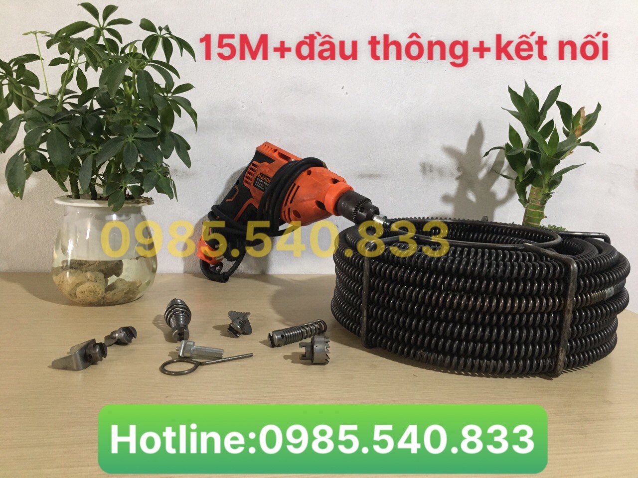 Dây thông tắc cống dùng cho máy khoan ( 15M dây + 6 đầu thông + đầu kết nối máy khoan )