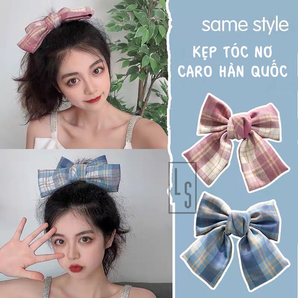 Kẹp Tóc Nơ Caro Hàn Quốc - Cặp Tóc Nơ Bản To Hàn Quốc