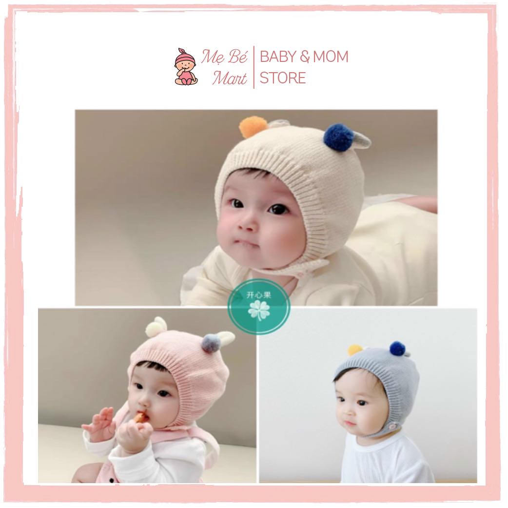 Mũ len 2 lớp 2 quả bông mềm mại giữ ấm cho bé 5-24 tháng