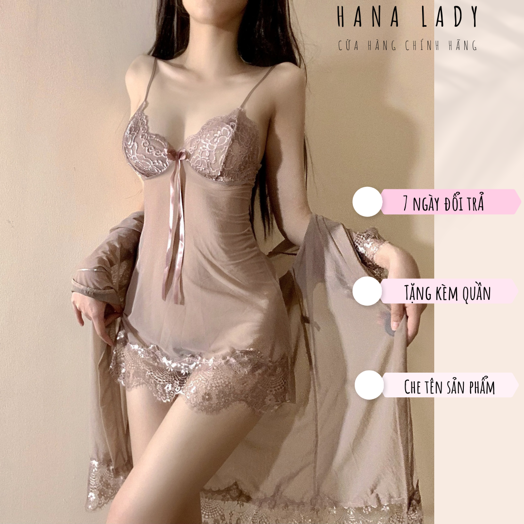 Váy ngủ voan lụa kèm choàng, đầm ngủ 2 dây gợi cảm Hana Lady - VN017