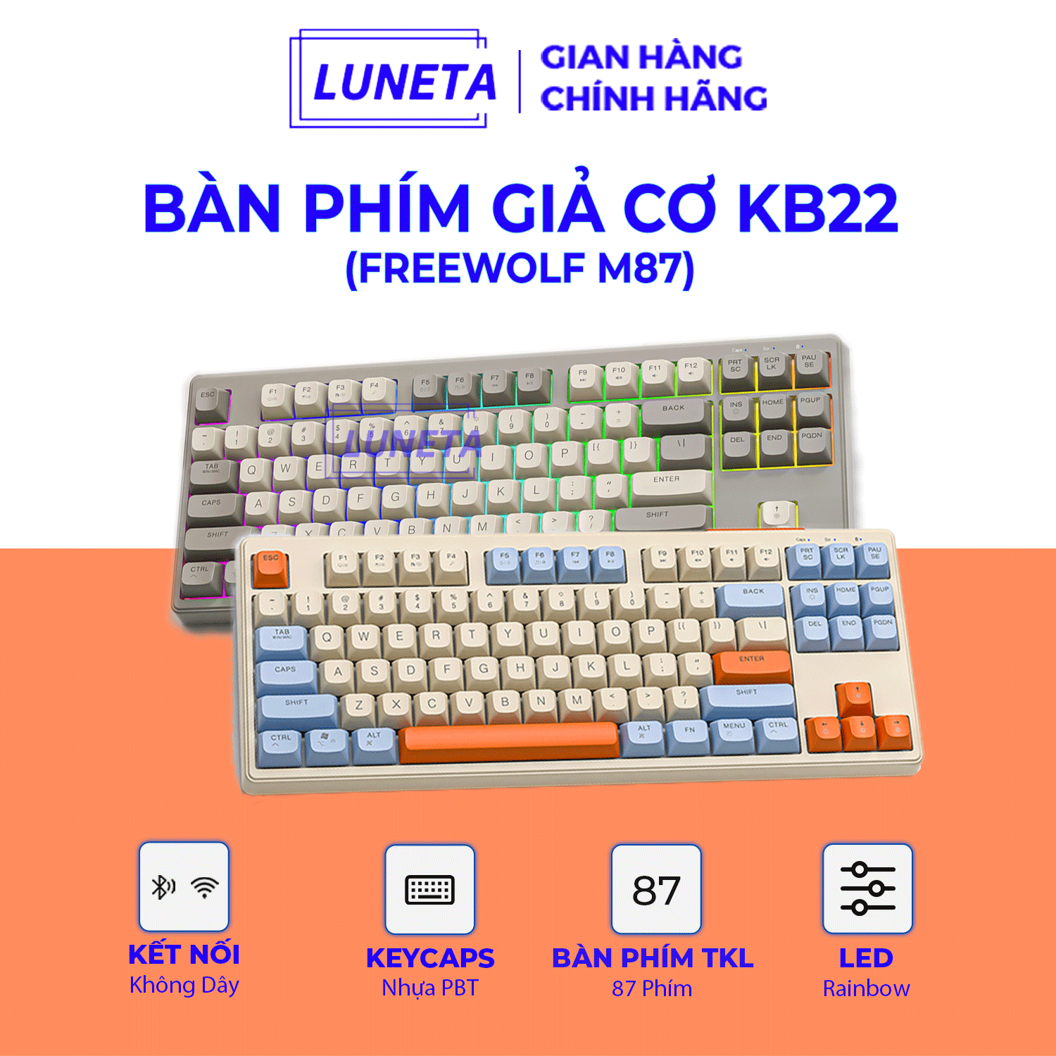 Bàn phím giả cơ gaming không dây led rainbow keycap pbt freewolf m87 kb22