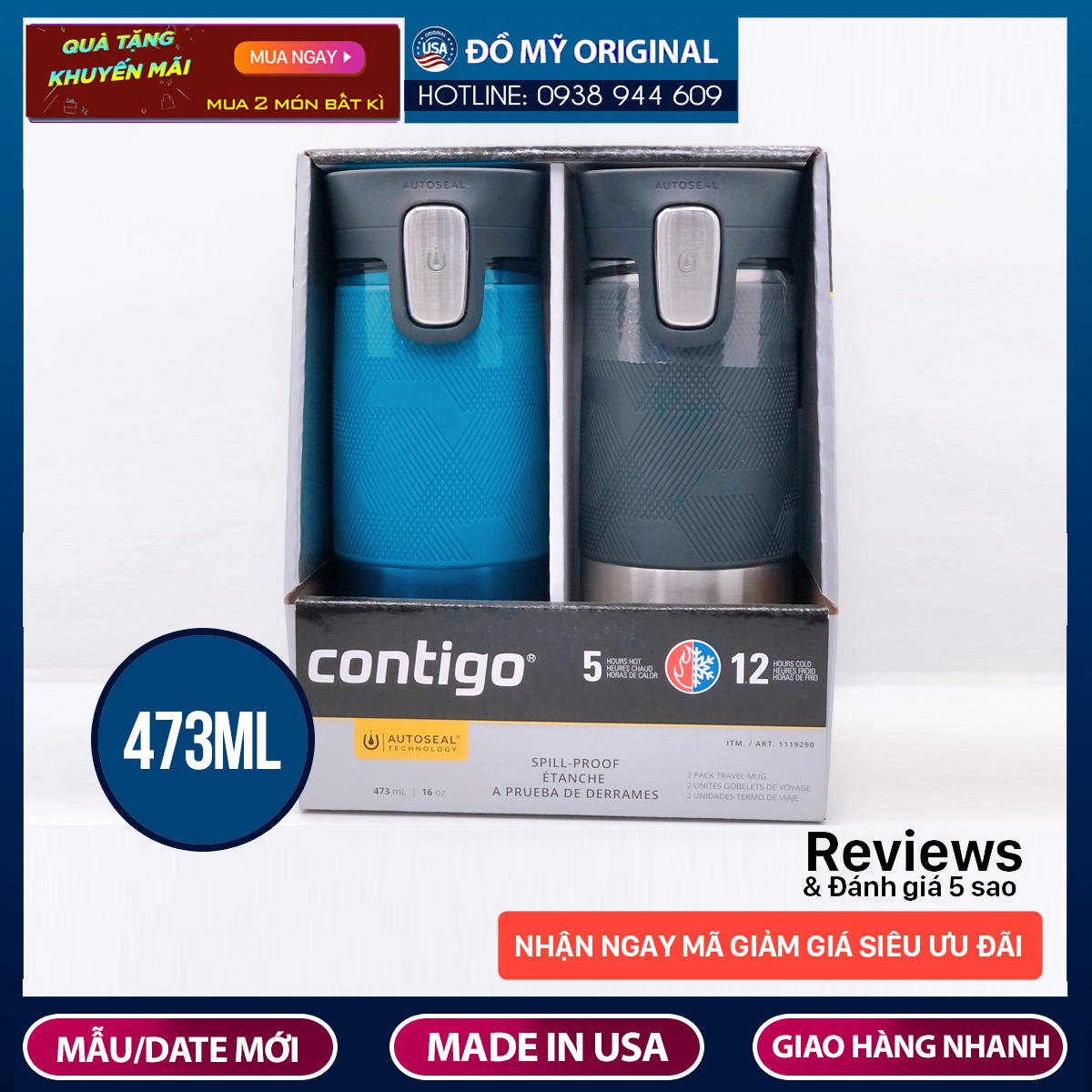 Bình Giữ Nhiệt Contigo Cao Cấp 473ML Nóng Lạnh Công Nghệ Autoseal Hàng Nhập Mỹ 16oz