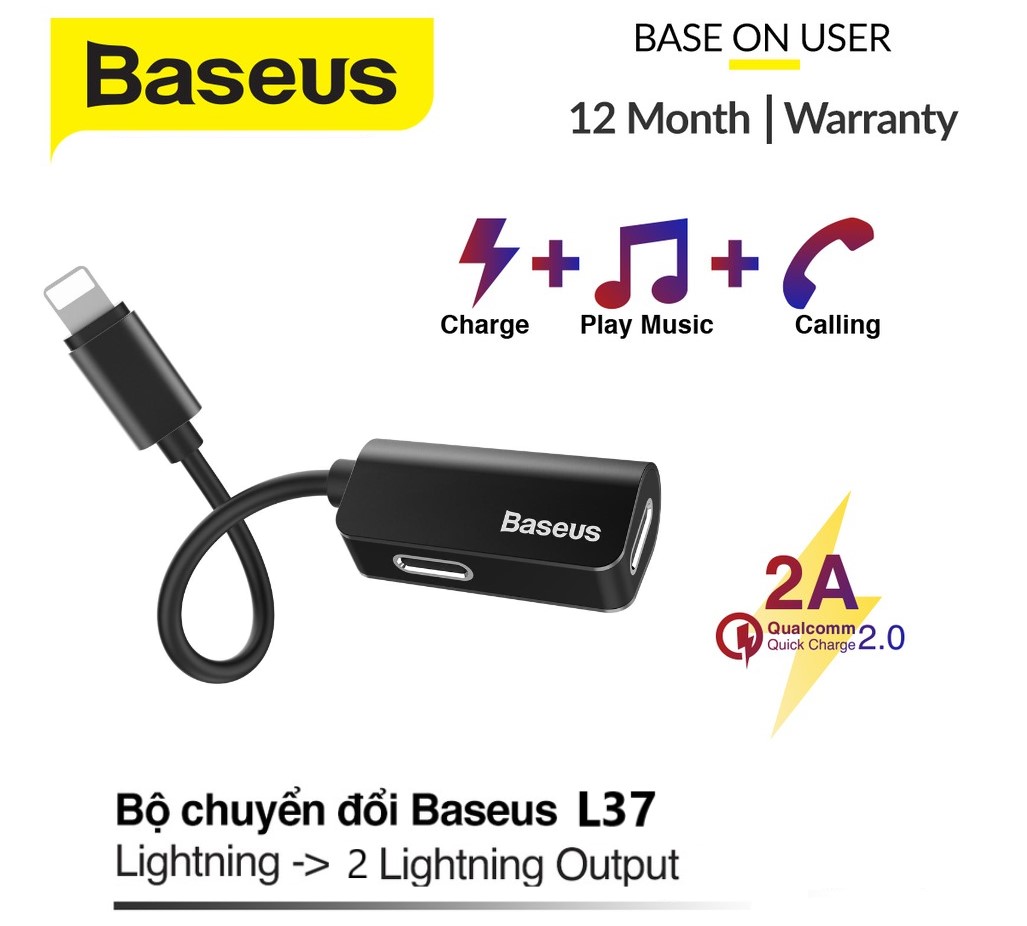 Jack chuyển đổi iphone 2 in 1 vừa sạc vừa nghe có mic cổng lightning baseus l37