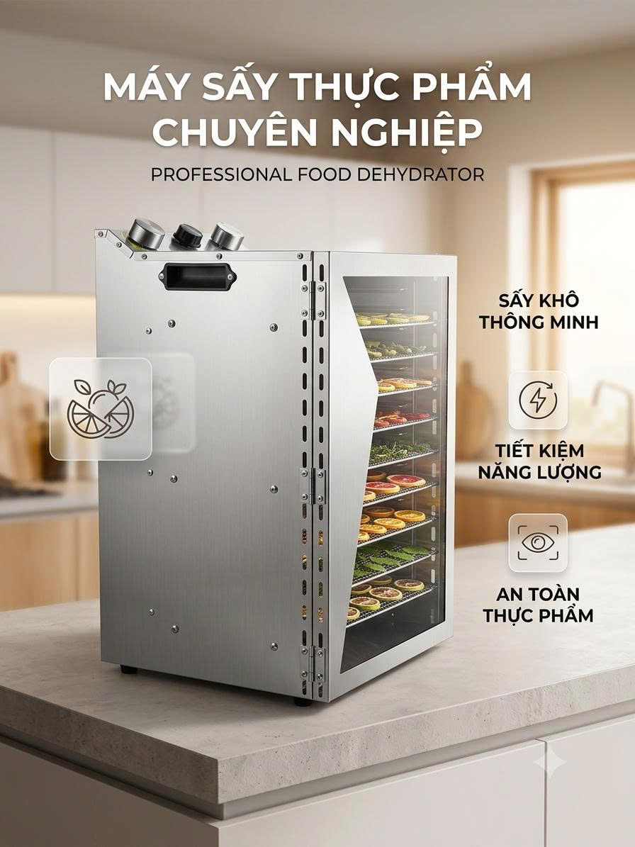 Máy Sấy Thực Phẩm 18 Khay Inox Hẹn Giờ , Tiết Kiệm Điện , Sấy Đa Năng