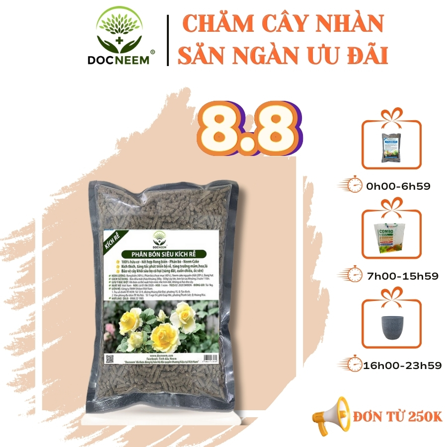Phân bón rong biển DOCNEEM siêu kích rễ mầm, phân hữu cơ bổ sung Neemcake, phân bò ủ hoai cho hoa, cây cảnh trong nhà ngoài trời, túi 1kg