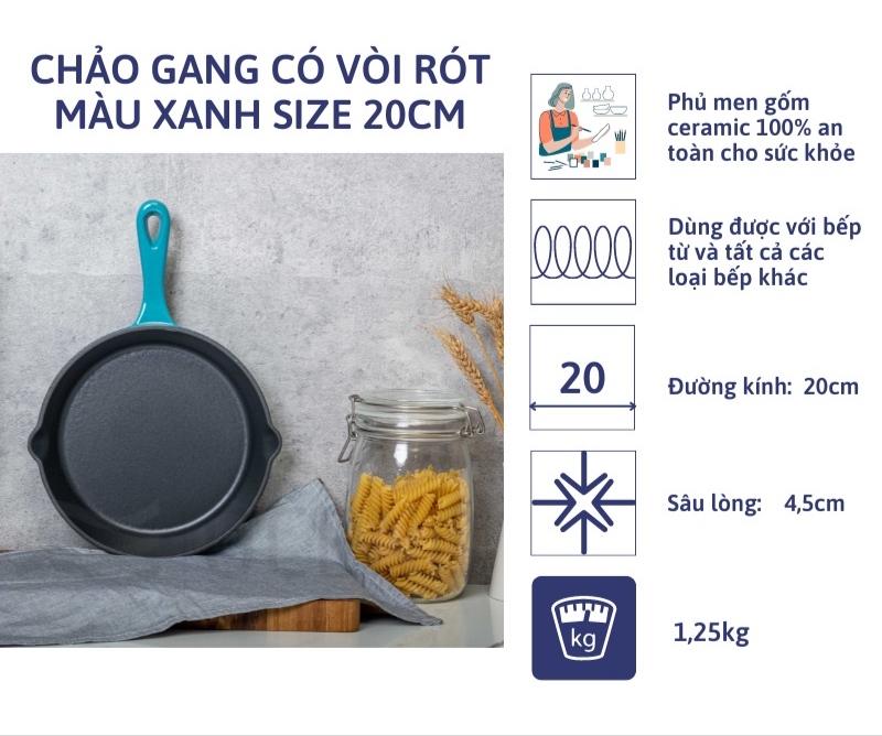 Chảo gang oceno có vòi rót màu xanh, màu hồng, size 20cm, 26cm