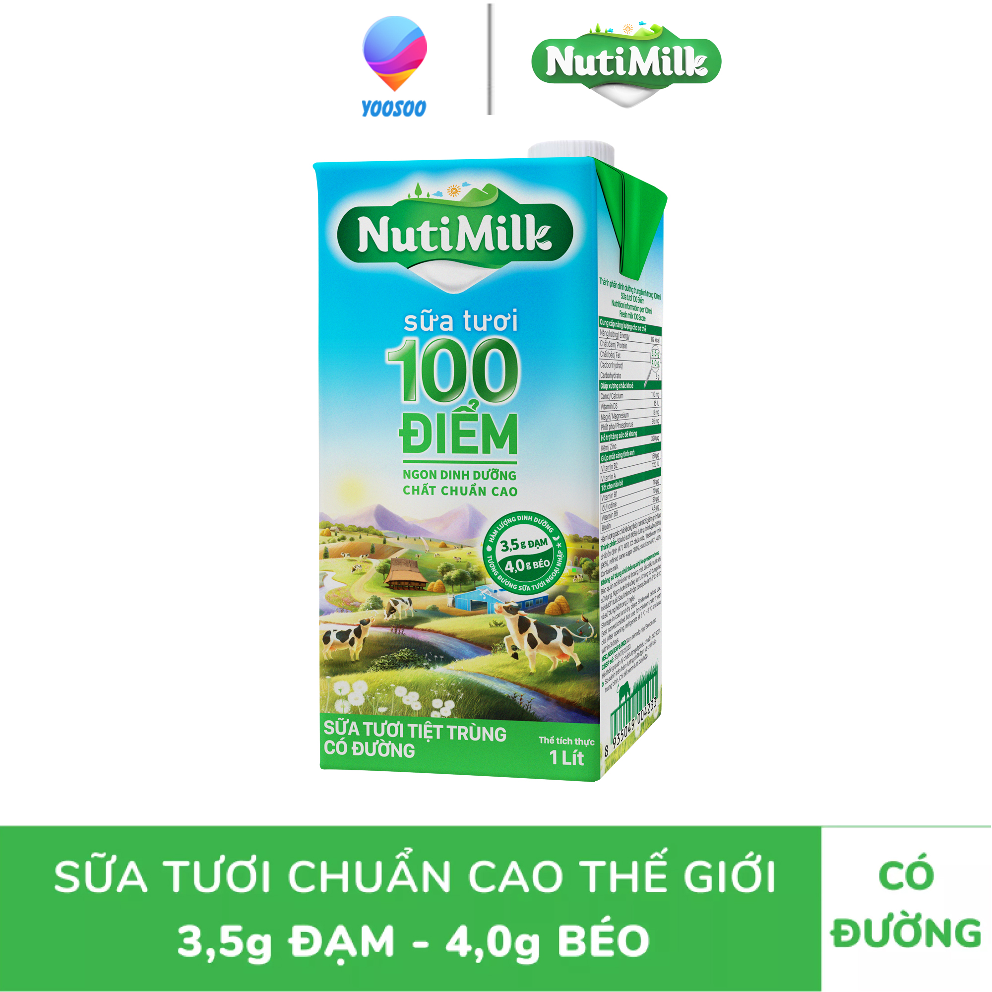 [MIỄN PHÍ SHIP ĐƠN HÀNG 49K] Hộp NutiMilk Sữa tươi 100 điểm - Sữa tươi tiệt trùng Nguyên chất/ Ít đường/ Có đường/ Đường đen 1000ml - Thương Hiệu NUTIFOOD - YOOSOO